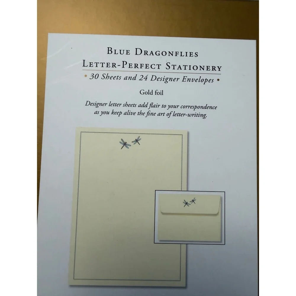 New Peter Pauper Press Stationery Set Cream Blue Dragonfly Motif Gold Foil